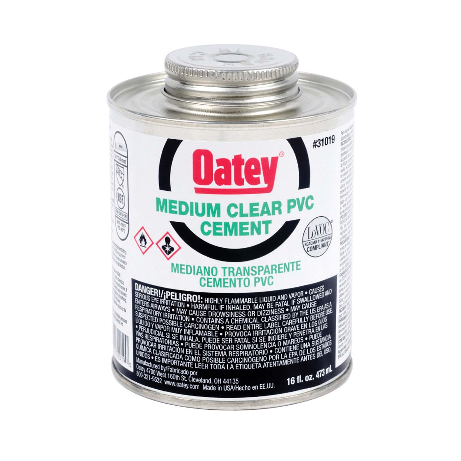 80427 OATEY 31019 MEDIUM PVC CEMENT, 16 OZ CAN, CLEAR