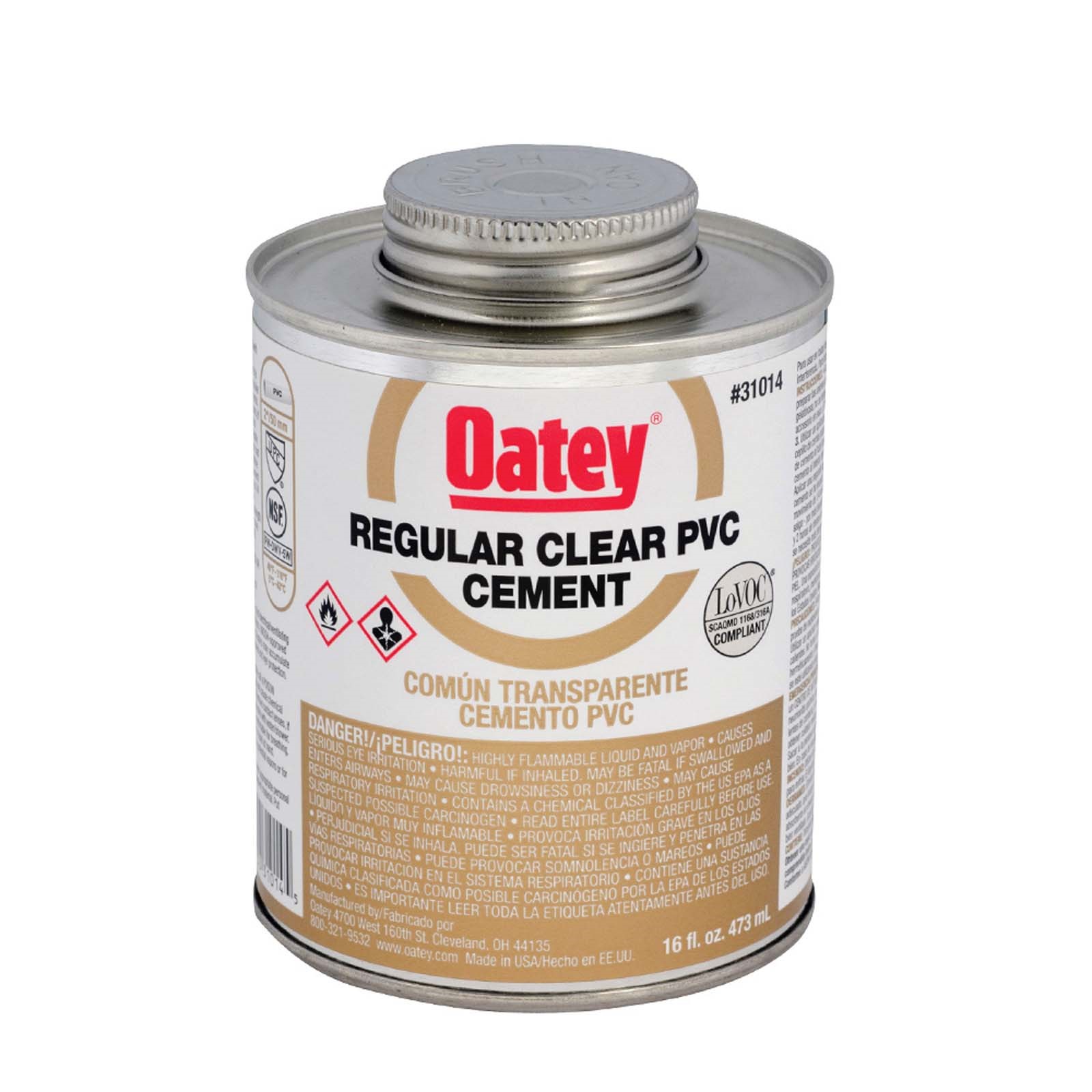 80424 OATEY 31014 REGULAR PVC CEMENT, 16 OZ CAN, CLEAR