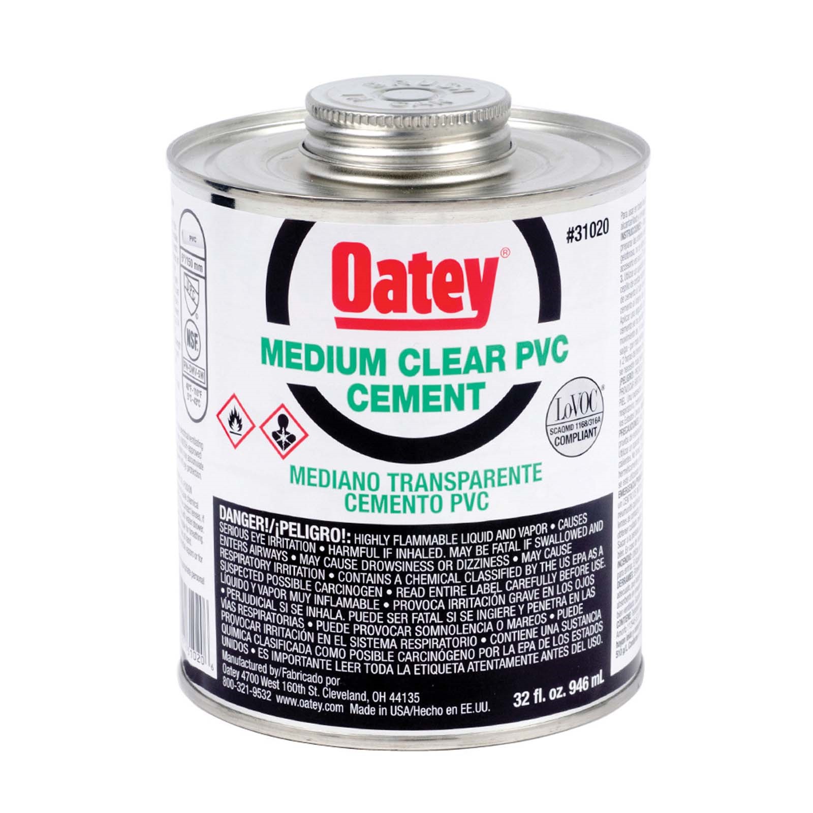 80428 OATEY 31020 MEDIUM PVC CEMENT, 32 OZ CAN, CLEAR