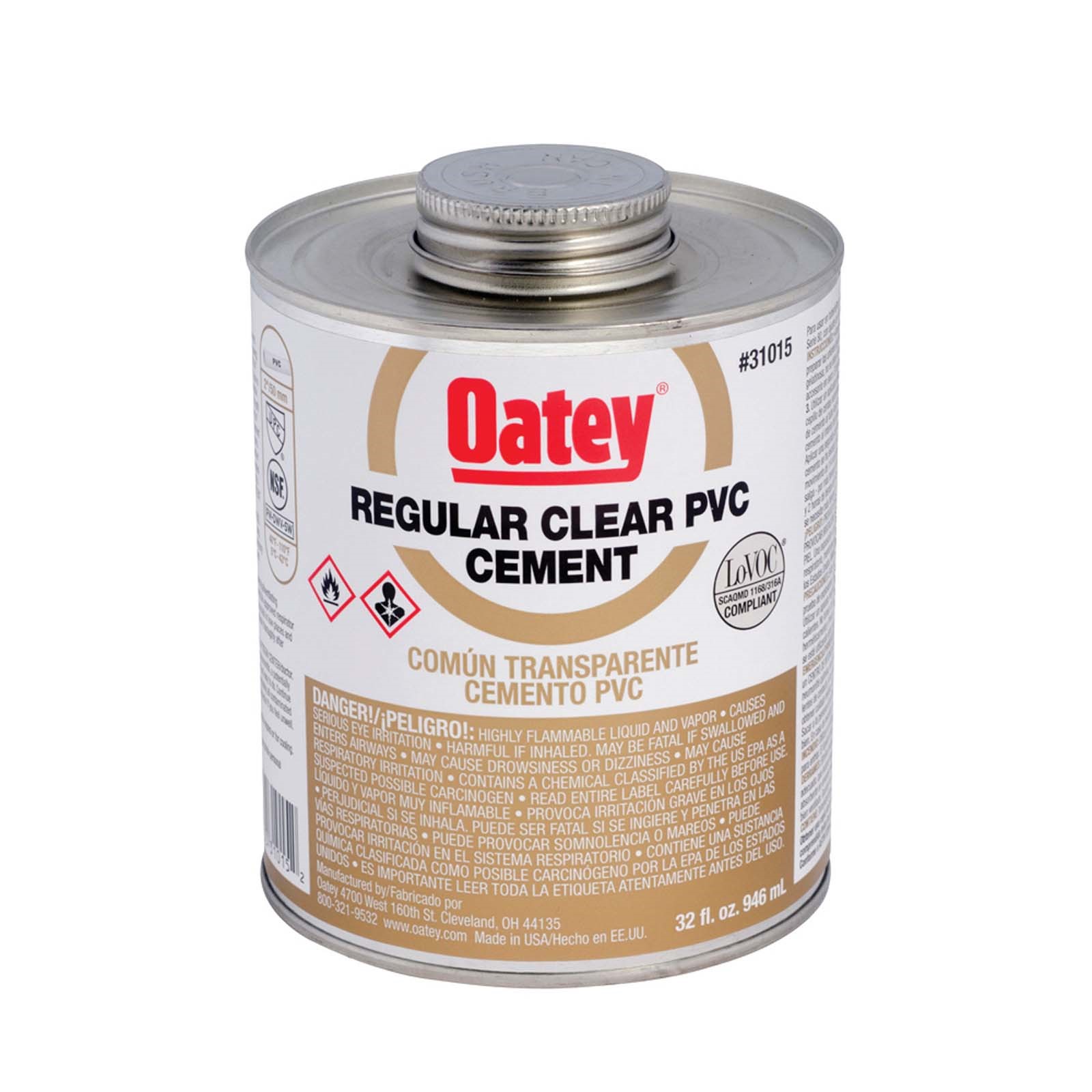 80425 OATEY 31015 REGULAR PVC CEMENT, 32 OZ CAN, CLEAR